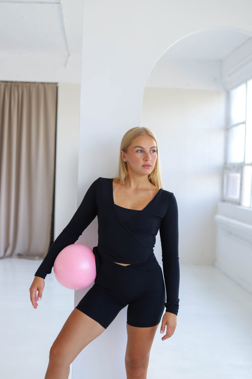 Second Skin Black Long Sleeve Ballet Pilates Wrap Top